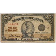 CANADA 1923 . TWENTY-FIVE 25 CENTS BANKNOTE . JENKINS / DODGE